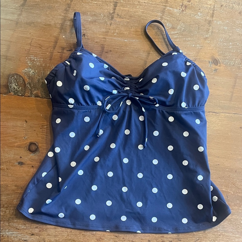 Lands' End Navy Polka Dot Camisole Tankini Top with Front Tie size 10